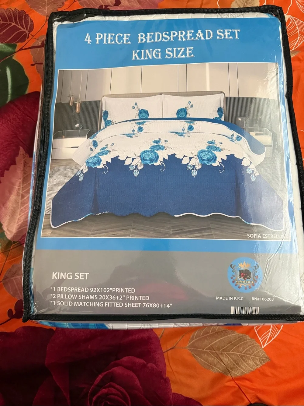 King Size 4-Piece Bedspread Set in Blue and White